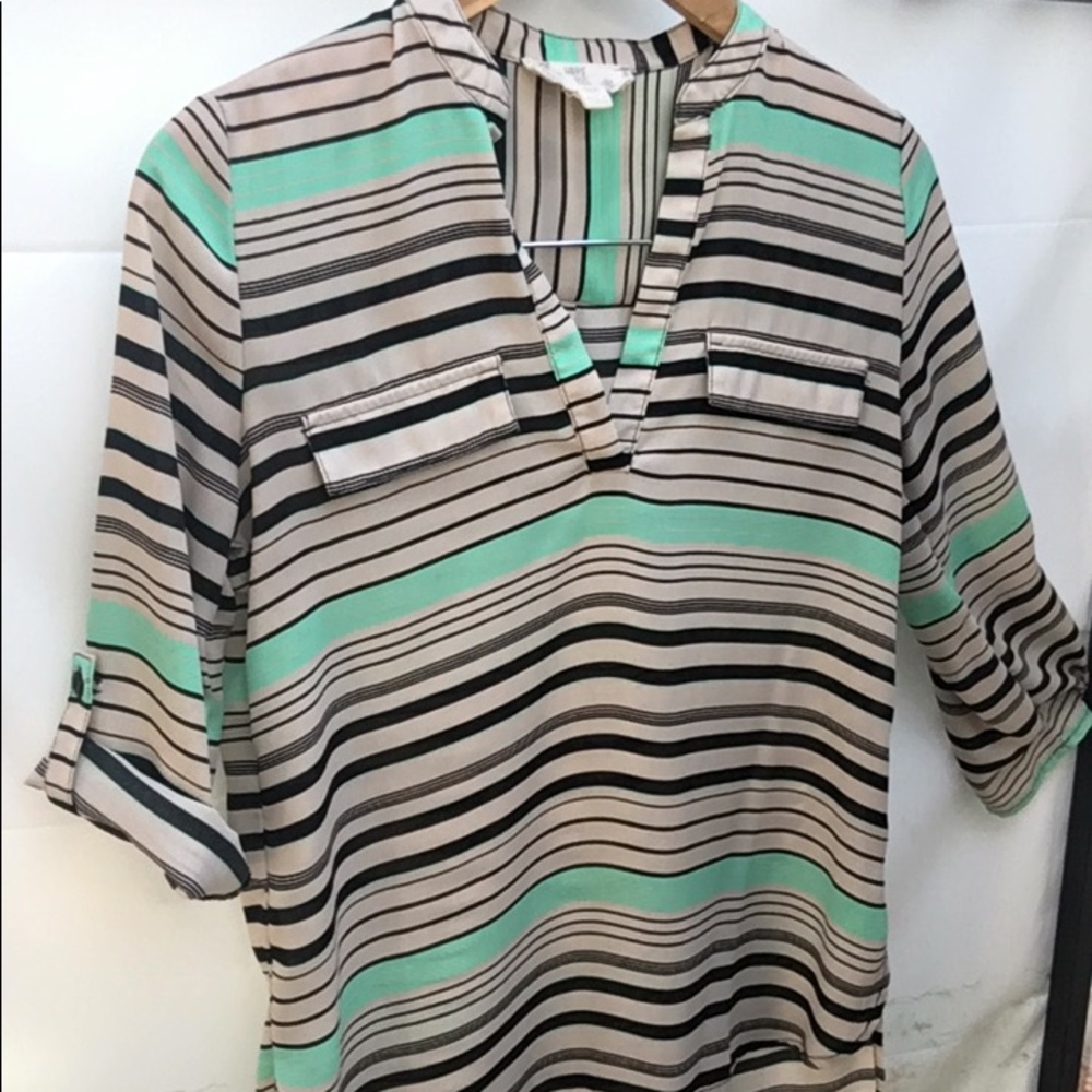 Hippie Rose Split Neck Pullover Striped Roll Sleeve Blouse